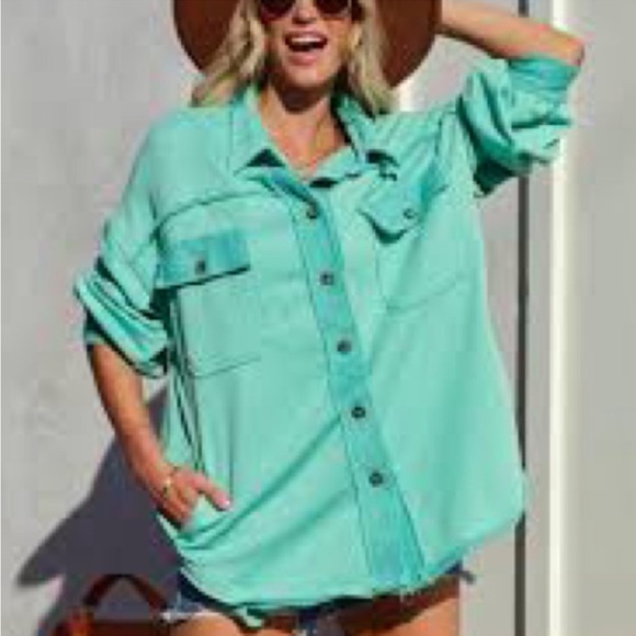 VICI l Charliegh Cotton Blend Shacket Mint Green Medium - Picture 10 of 10